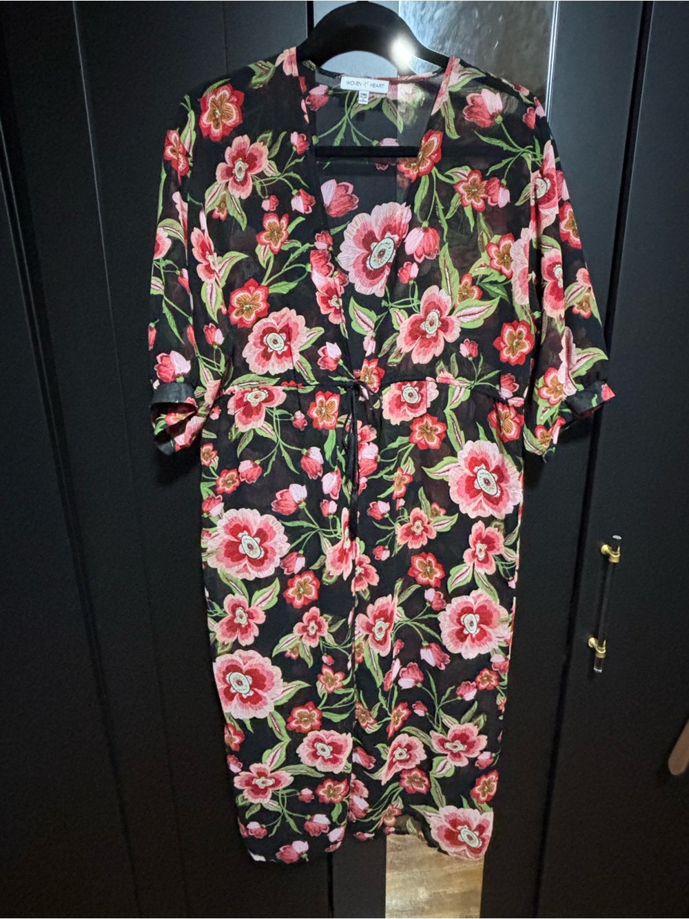 Woven Heart Black Floral Kimono-Style Cape with Pink & Green Embroidery
